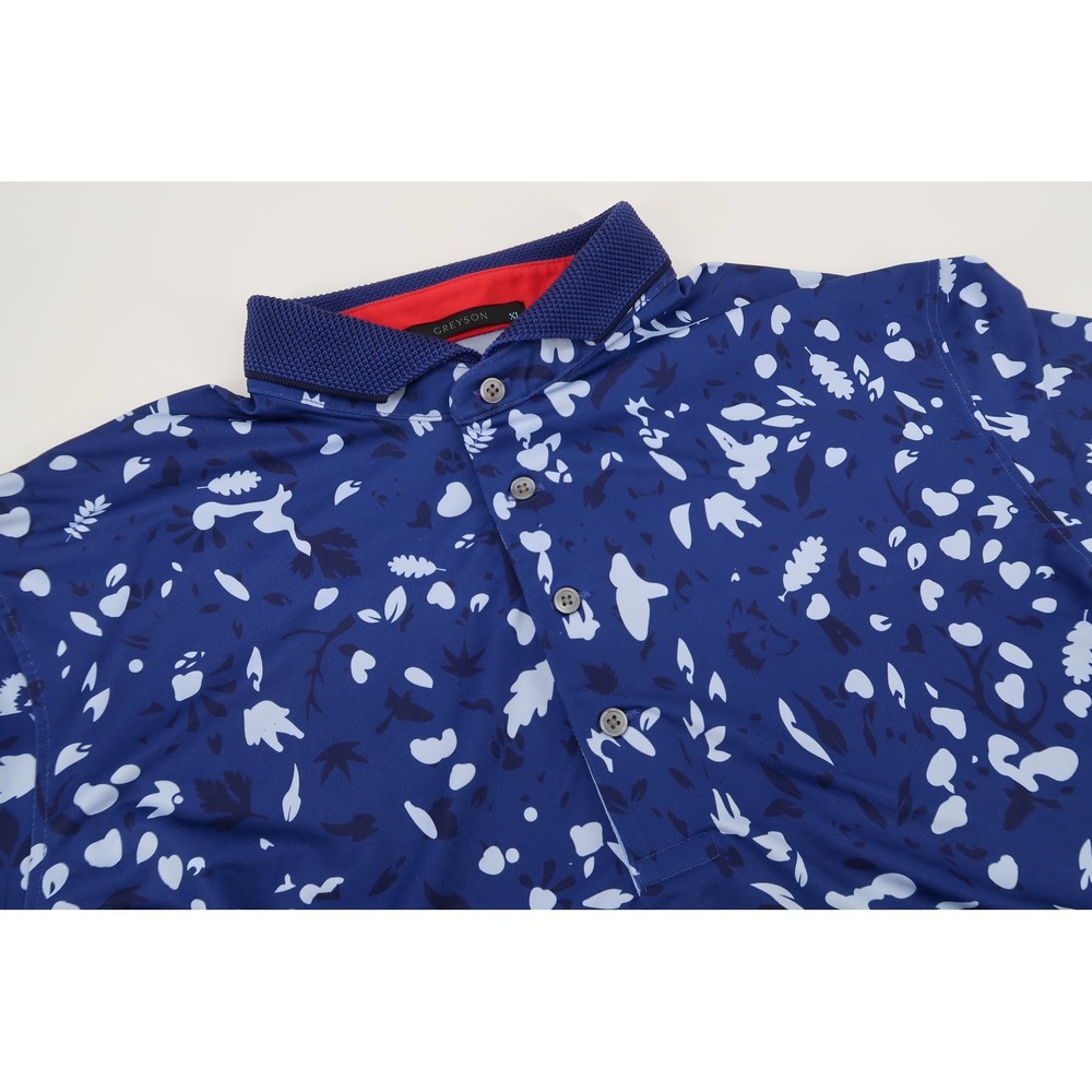 Greyson Wolf Forest Polo Shirt Mens XL‎ Blue White Floral Performance Golf